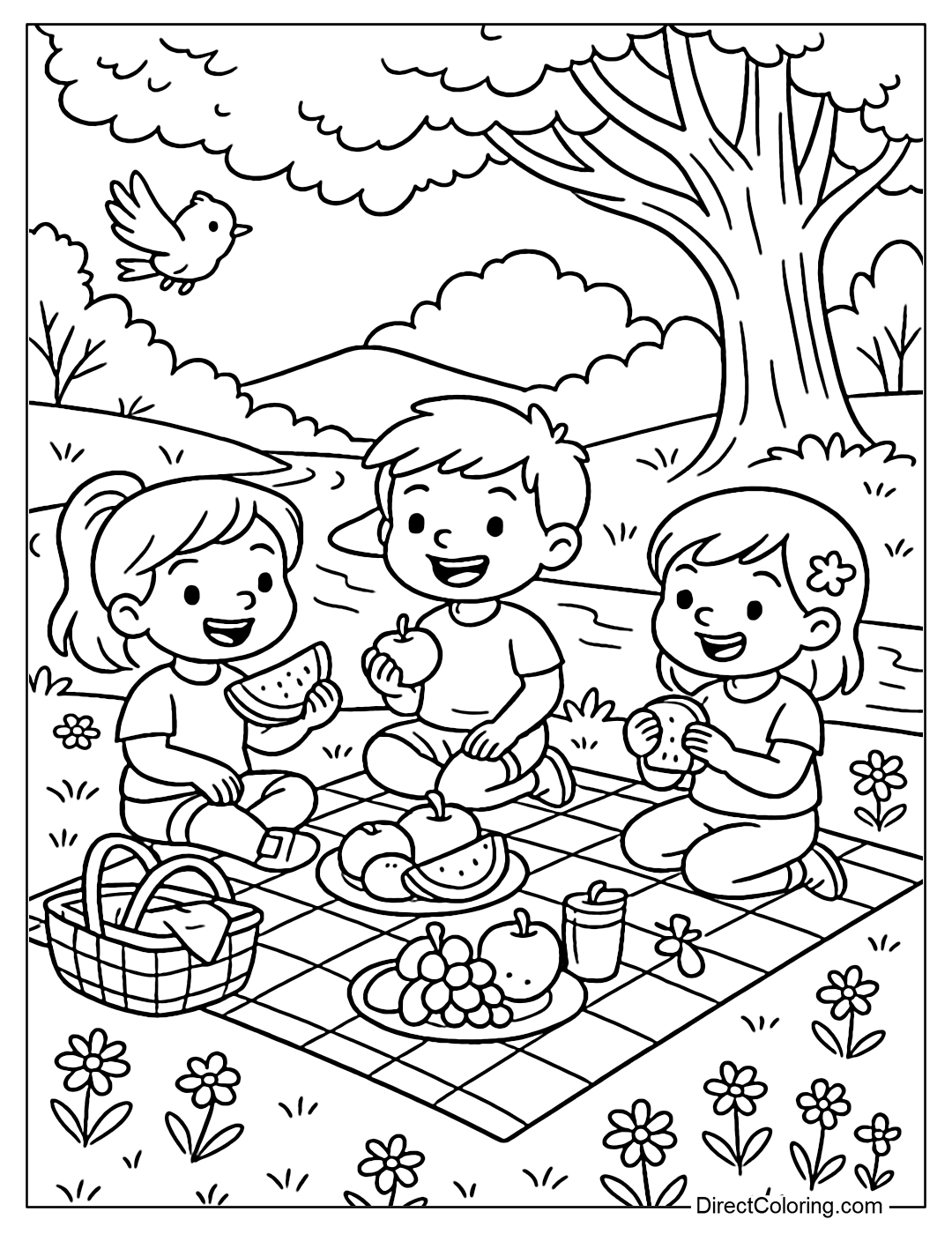 Coloring page of children picnicking by a small stream, flowing water, pebbles and wild flowers.